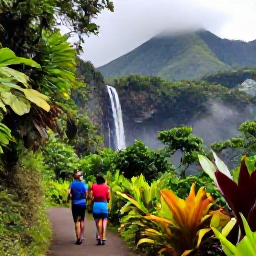 Caribbean Holidays, Dominica October Trip, Travellers exploring a rainforest path beside a waterfall in Dominica, with tropical plants and misty volcanic hills