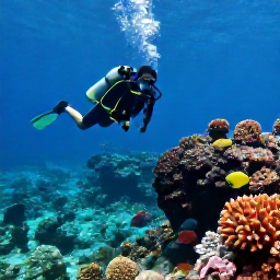 Caribbean Holidays, Dominica Scuba Diving, A diver exploring a colourful coral reef in clear Caribbean water off Dominica, with tropical fish and volcanic rock