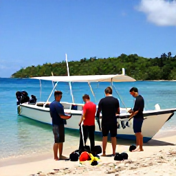 Caribbean Holidays, Dominica Scuba Diving, Friendly divers preparing equipment beside a small boat on a tropical beach in Dominica