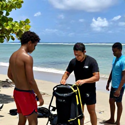 Caribbean Holidays, Dominica Scuba Diving, Friendly professional dive guide preparing equipment with visitors on a sunny beach in Dominica
