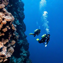 Caribbean Holidays, Dominica Scuba Diving, Scuba divers descending beside a dramatic volcanic underwater wall near Roseau, Dominica