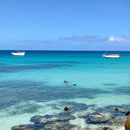 Caribbean Holidays, Dominica September, Calm Caribbean sea off Dominica with snorkellers near coral reefs and a small boat by the coast