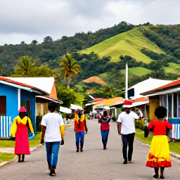 Caribbean Holidays, Dominica September, Colourful Dominican cultural celebration in a village street during September, with local people, music and tropical scenery