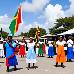 Caribbean Holidays, Dominica September, Dominica Independence celebrations with flags, traditional dress, live music and a cheerful crowd in Roseau