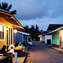 Caribbean Holidays, Dominica September, Friendly Dominica village street with local food, colourful houses and Caribbean people enjoying an evening