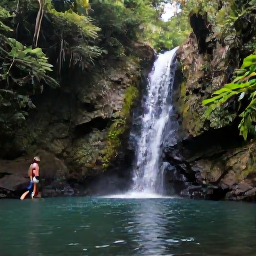 Caribbean Holidays, Dominica September, Hikers walking through Dominica rainforest towards a warm waterfall pool, tropical September scenery