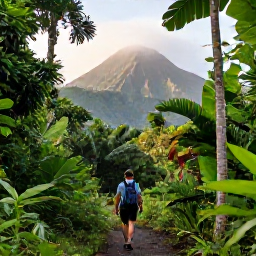 Caribbean Holidays, Dominica September Holidays, A lone traveller walking through lush Dominica rainforest in September, with volcanic mountains, tropical foliage and soft morning light