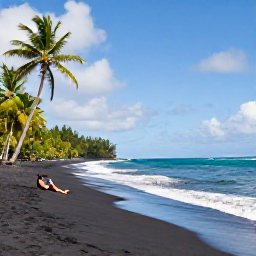 Caribbean Holidays, Dominica September Holidays, A peaceful black sand beach on Dominica with gentle Caribbean waves, palm trees and one solo traveller relaxing near the shore
