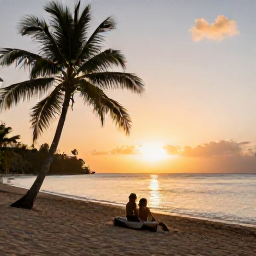 Caribbean Holidays, Dominica September Holidays, Couple enjoying a relaxed sunset on a quiet Dominica beach, with palm trees and calm Caribbean water