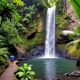 Caribbean Holidays, Dominica September Holidays, Dominica rainforest waterfall surrounded by tropical plants, with a small pool and visitors walking along a forest path