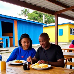 Caribbean Holidays, Dominica September Holidays, Friendly solo traveller enjoying Creole food at a small outdoor caf&eacute; in Roseau, Dominica, with colourful local surroundings