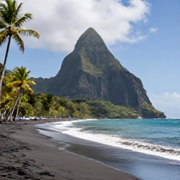 Caribbean Holidays, Dominica September Holidays, Quiet black-sand beach in Dominica with palm trees, volcanic cliffs and gentle Caribbean waves