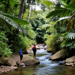 Caribbean Holidays, Dominica September Holidays, Rainforest trail in Dominica with lush green foliage, a clear stream and hikers exploring the scenery