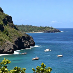 Caribbean Holidays, Dominica September Holidays, Small boat sailing along Dominica's rugged coastline with clear blue water, sea cliffs and a distant rainforest-covered shore