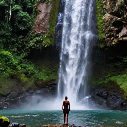 Caribbean Holidays, Dominica September Holidays, Solo traveller beside a dramatic Dominica waterfall, surrounded by dense green rainforest and a clear natural pool