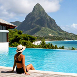 Caribbean Holidays, Dominica September Holidays, Traveller relaxing beside an inviting all-inclusive hotel pool overlooking Dominica's green hills and sea