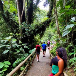 Caribbean Holidays, Dominica September, Misty Dominica rainforest trail leading to a waterfall, with a small group of holidaymakers exploring the Nature Island