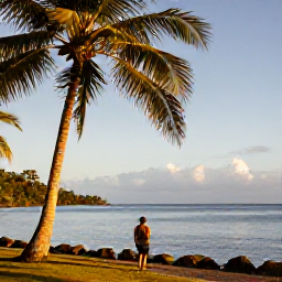 Caribbean Holidays, Dominica September, Relaxed September holiday scene on Dominica&rsquo;s coast, with palm trees, calm sea and a traveller enjoying the view