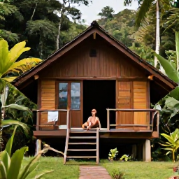 Caribbean Holidays, Dominica September, Traveller relaxing in a small Dominica eco-lodge surrounded by rainforest and tropical gardens after a day of touring