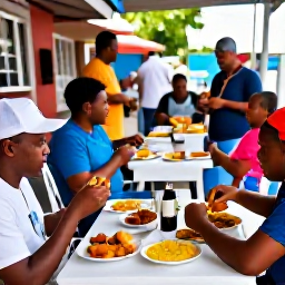 Caribbean Holidays, Dominica September, Visitors enjoying Dominican street food and local music at a relaxed cultural gathering in Roseau