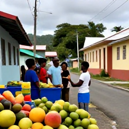 Caribbean Holidays, Dominica Solo Holidays, A friendly local market and small Caribbean village street in Dominica, with fresh tropical fruit, colourful houses and visitors chatting