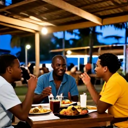 Caribbean Holidays, Dominica Solo Holidays, A friendly solo traveller dining outdoors in Roseau, Dominica, with local food and evening lights