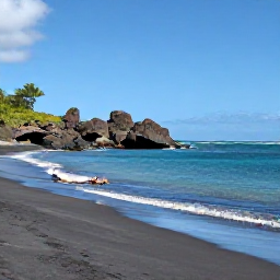 Caribbean Holidays, Dominica Solo Holidays, A peaceful black-sand beach on Dominica with turquoise water, volcanic rocks and a lone traveller relaxing near the shore