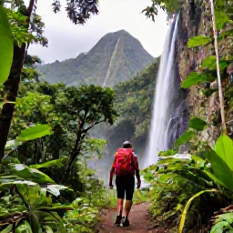 Caribbean Holidays, Dominica Solo Holidays, A solo hiker crossing a rainforest trail beside a waterfall in Dominica, surrounded by dense tropical vegetation and volcanic mountains