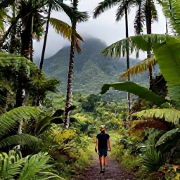Caribbean Holidays, Dominica Solo Holidays, A solo traveller walking through lush rainforest on Dominica, with tall palms, ferns and misty green mountains