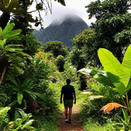 Caribbean Holidays, Dominica Solo Holidays, A solo traveller walking through lush rainforest on Dominica, with tropical plants, misty mountains and a clear woodland path