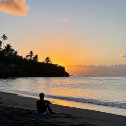 Caribbean Holidays, Dominica Solo Holidays, Calm Dominica coastline at sunset with a solo traveller sitting near black volcanic sand and gentle Caribbean waves