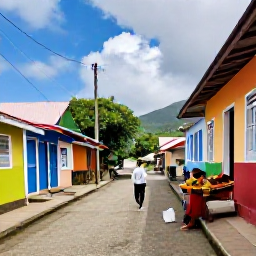 Caribbean Holidays, Dominica Solo Holidays, Colourful Dominica village street with local food, friendly residents and a solo visitor exploring in July