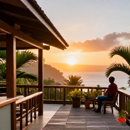 Caribbean Holidays, Dominica Solo Holidays, Comfortable small guesthouse terrace in Dominica at sunset, with tropical plants and a solo traveller planning a June itinerary