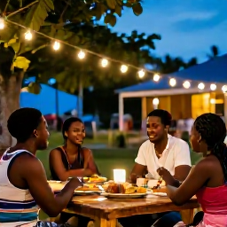 Caribbean Holidays, Dominica Solo Holidays, Friendly Dominica village evening with local food, music, warm lights and solo travellers sharing a relaxed table