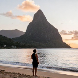 Caribbean Holidays, Dominica Solo Holidays, Golden evening coastline in Dominica with a solo traveller watching the Caribbean Sea from a quiet beach