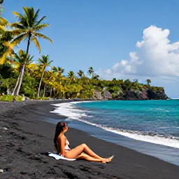 Caribbean Holidays, Dominica Solo Holidays, Quiet Caribbean beach in Dominica with black volcanic sand, turquoise water, palm trees and a solo traveller relaxing by the shore