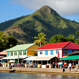 Caribbean Holidays, Dominica Solo Holidays, Roseau waterfront in Dominica with colourful buildings, local market stalls, tropical hills and a solo visitor exploring the town