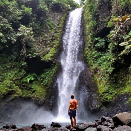 Caribbean Holidays, Dominica Solo Holidays, Solo hiker beside a beautiful waterfall in Dominica rainforest, surrounded by dense green foliage and volcanic rocks
