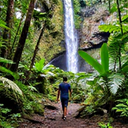 Caribbean Holidays, Dominica Solo Holidays, Solo hiker on a rainforest trail leading to a beautiful Dominica waterfall surrounded by tropical plants