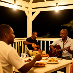 Caribbean Holidays, Dominica Solo Holidays, Solo traveller enjoying a relaxed Caribbean evening with Dominica Creole food and local musicians