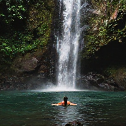 Caribbean Holidays, Dominica Solo Holidays, Solo traveller swimming in a clear natural pool beneath a Dominica rainforest waterfall, surrounded by green foliage
