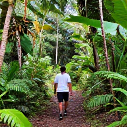 Caribbean Holidays, Dominica Solo Holidays, Solo traveller walking through lush rainforest on Dominica, with a clear trail, tropical foliage and soft morning light