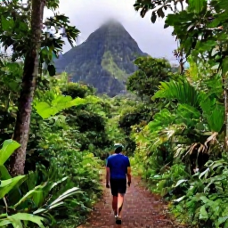 Caribbean Holidays, Dominica Solo Holidays, Solo traveller walking through lush rainforest on Dominica, with volcanic mountains and tropical greenery