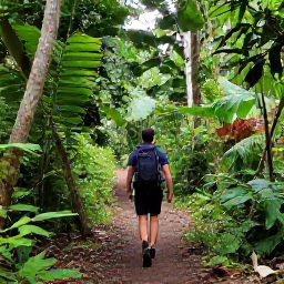 Caribbean Holidays, Dominica Solo Holidays, Tropical Dominica rainforest in July with a solo hiker on a well-marked trail near a waterfall