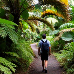 Caribbean Holidays, Dominica Tours, A knowledgeable local guide leading travellers through lush Dominica rainforest on a marked trail, with ferns, palms and volcanic scenery