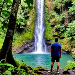 Caribbean Holidays, Dominica Tours, A local guide leading visitors along a lush rainforest trail beside a clear waterfall in Dominica