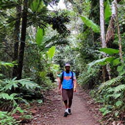Caribbean Holidays, Dominica Tours, A lush Dominica rainforest trail in August, with a friendly local guide leading holiday visitors beneath tall trees and tropical foliage