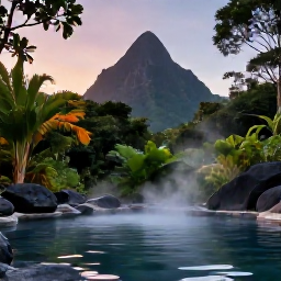 Caribbean Holidays, Dominica Tours, A natural hot spring in Dominica at dusk, surrounded by tropical foliage and volcanic rocks