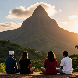 Caribbean Holidays, Dominica Tours, A relaxed group of travellers enjoying a scenic sunset view over Dominica's forested mountains