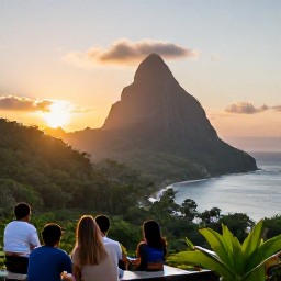 Caribbean Holidays, Dominica Tours, A relaxed June sunset over Dominica's lush mountains and Caribbean coastline, with travellers enjoying a scenic viewpoint